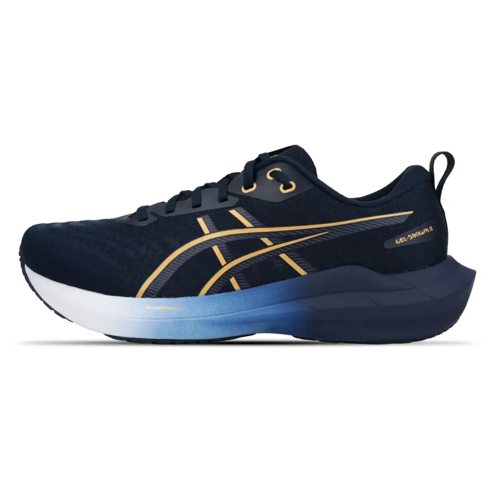 Tênis Asics Gel-Shogun 8 masculino azul vista lateral com solado flexível